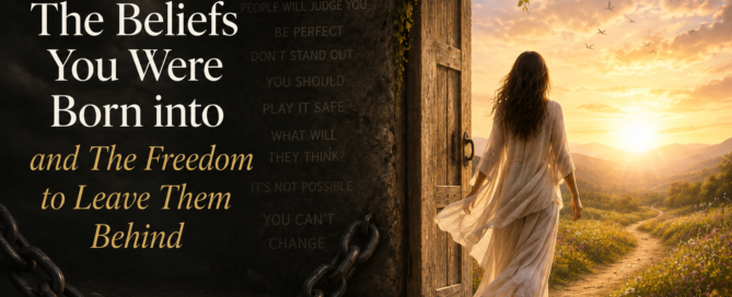 A symbolic illustration of a woman leaving a dark, chained space and walking into the light, representing freedom from inherited beliefs, emotional healing, and personal transformation.