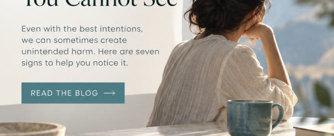 A clean, modern blog cover for Quanta Miind in a cool cream, teal, and pale blue palette. The design shows a thoughtful woman sitting near a bright window with soft mountain views in the background, her reflection visible in a glossy water-like surface below. Large text reads “Seven Signs You Might Be Causing Harm You Cannot See,” with supporting copy inviting readers to notice unintended harm. The layout includes Quanta Miind branding at the top, a “Read the Blog” button, and the website www.quantamind.net at the bottom.